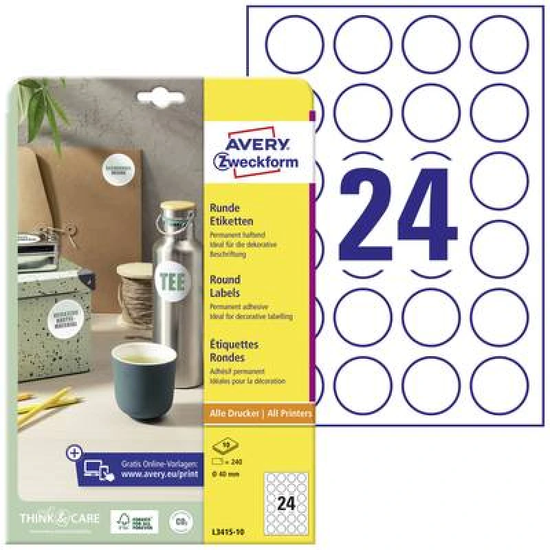 Image of Avery-Zweckform Avery-Zweckform L3415-10 All-purpose labels Ø 40 mm Paper White 240 pc(s) Permanent adhesive Laser printer, Laser, colour L3415-10