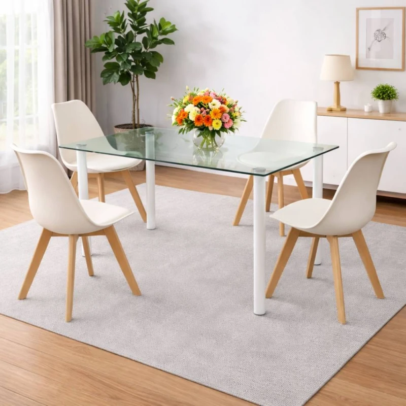 Image of Kosy Koala Modern Clear Glass Dining Table Set With 4 Cream Plastic Chairs Dining Room Furniture, Multi WC140+4CRMTLP