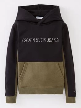 Image of Calvin Klein Jeans Boys Colour Block Hoodie - Black/Khaki, Black, Size 14 Years