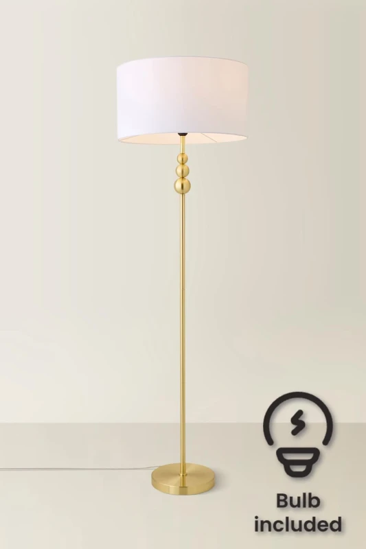 Image of ValueLights ValueLights Marissa Fabric Drum Shade with Brushed Gold Ball Floor Lamp with Bulb in White White One Size Unisex 5059406051760