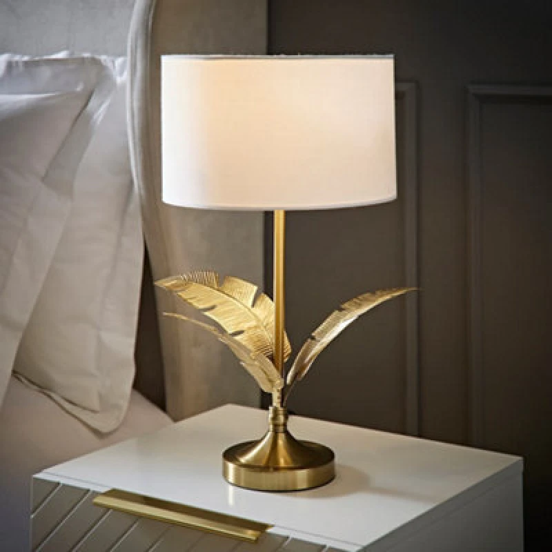 Image of ValueLights ValueLights Christina Fabric Drum Shade Gold Palm Leaf Detail Single Stem Table Lamp in White White One Size Unisex 5059406065316