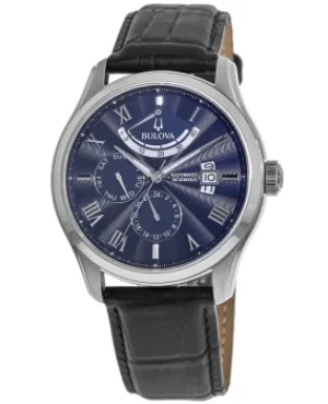 Image of Bulova Wilton Blue Dial Black Leather Strap Mens Watch 96C142 96C142