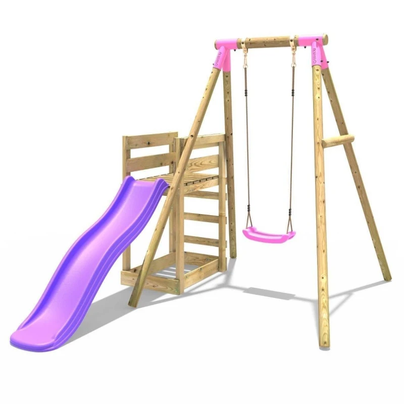 Image of Rebo Wooden Single Swing Set with Slide - Solar Pink Pink