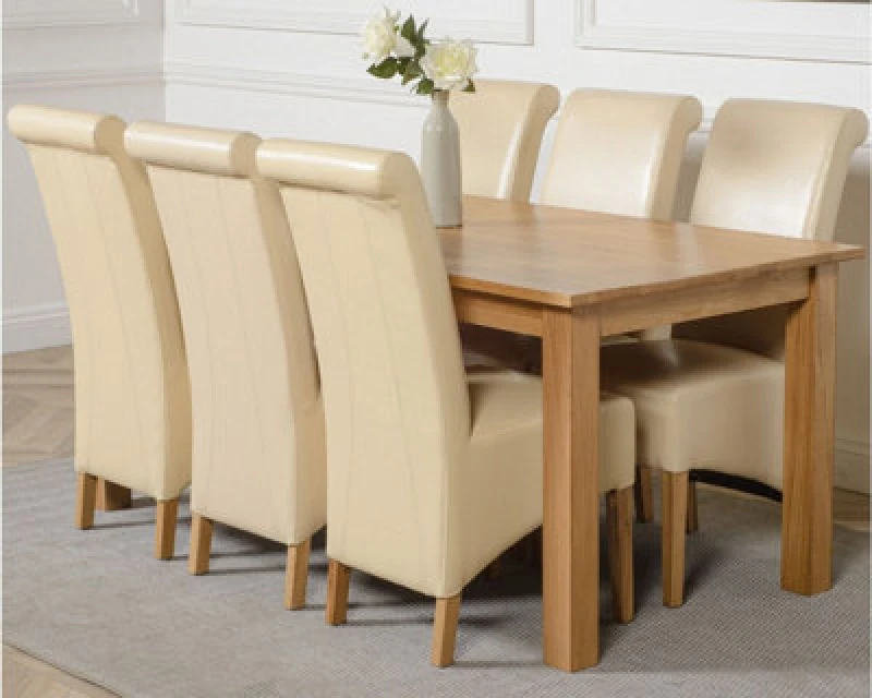 Image of Thats Furniture Oslo 180 x 90cm Large Oak Dining Table & 6 Montana Leather Chairs in Cream Cream Unisex 180 x 90 cm