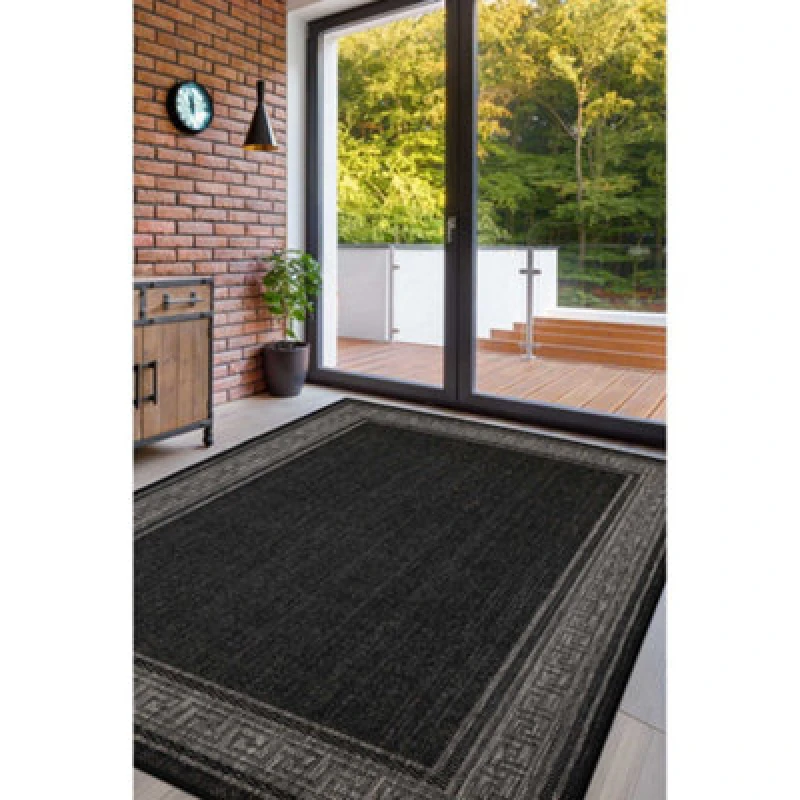 Image of Melrose County Flatweave New Black Bordered Indoor Non-Slip Small Area Rug 080/150Cm