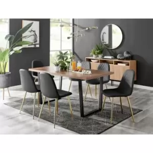 Image of Kylo Brown Wood Effect Dining Table & 6 Black Corona Faux Leather Dining Chairs with Gold Legs Diamond Stitch - Black