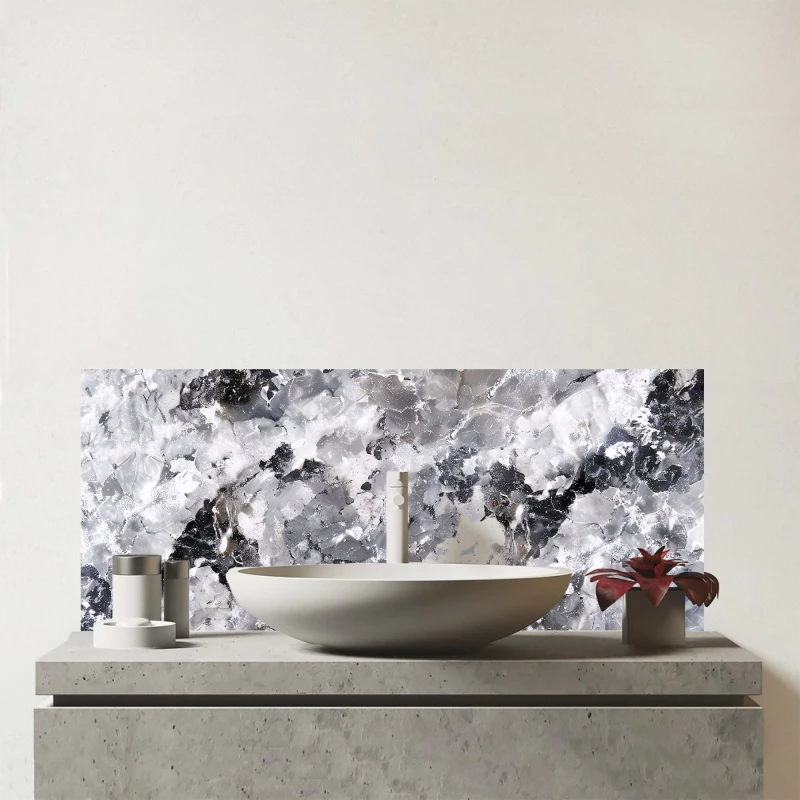 Image of Warren Reed - Designer Silver & Black Quartz Effect Glass Bathroom Splashback in Grey Grey Unisex
