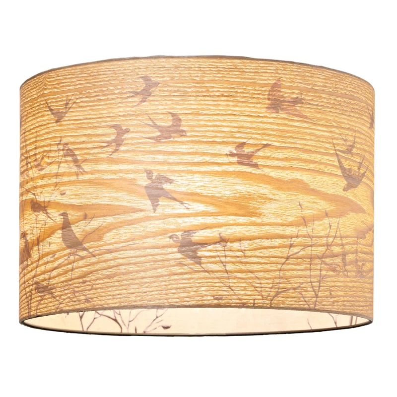 Image of Happy Homewares Bamboo Wood Effect Lamp Shade with Inner Lining of Birds & Trees in Light Brown Size: 12" Light Brown Unisex 12"