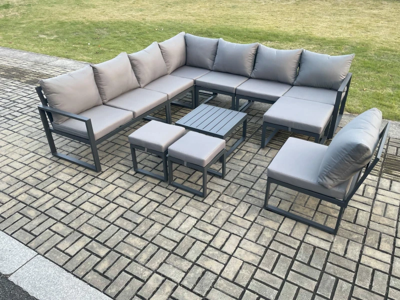 Image of Fimous 11 Seater Patio Outdoor Garden Furniture Aluminium Lounge Corner Sofa Set with Square Coffee Table 3 Footstools Dark Grey Dark Grey Unisex