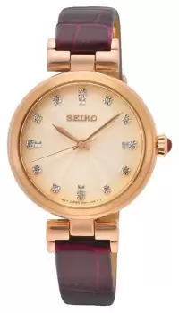 Image of Seiko SRZ548P1 Womens Rose Gold Dial Red Leather Strap Watch