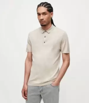 Image of AllSaints Mens Mode Merino Short Sleeve Polo Shirt, Oat Taupe Marl, Size: M