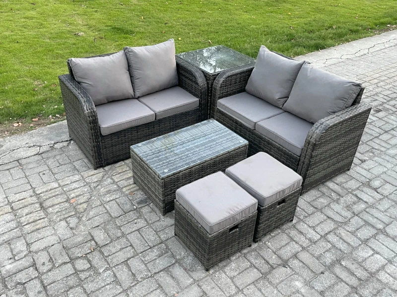 Image of Fimous Outdoor Lounge Sofa Set Rattan Garden Furniture Set with Rectangular Coffee Table 2 Small Footstools Side Table Dark Grey Mixed Dark Grey
