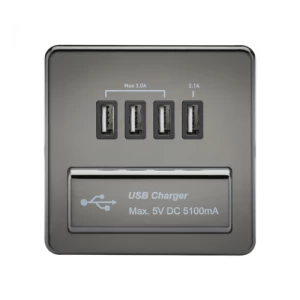Image of KnightsBridge 1G Screwless Black Nickel Quad USB 5V Charger Outlet - White Insert