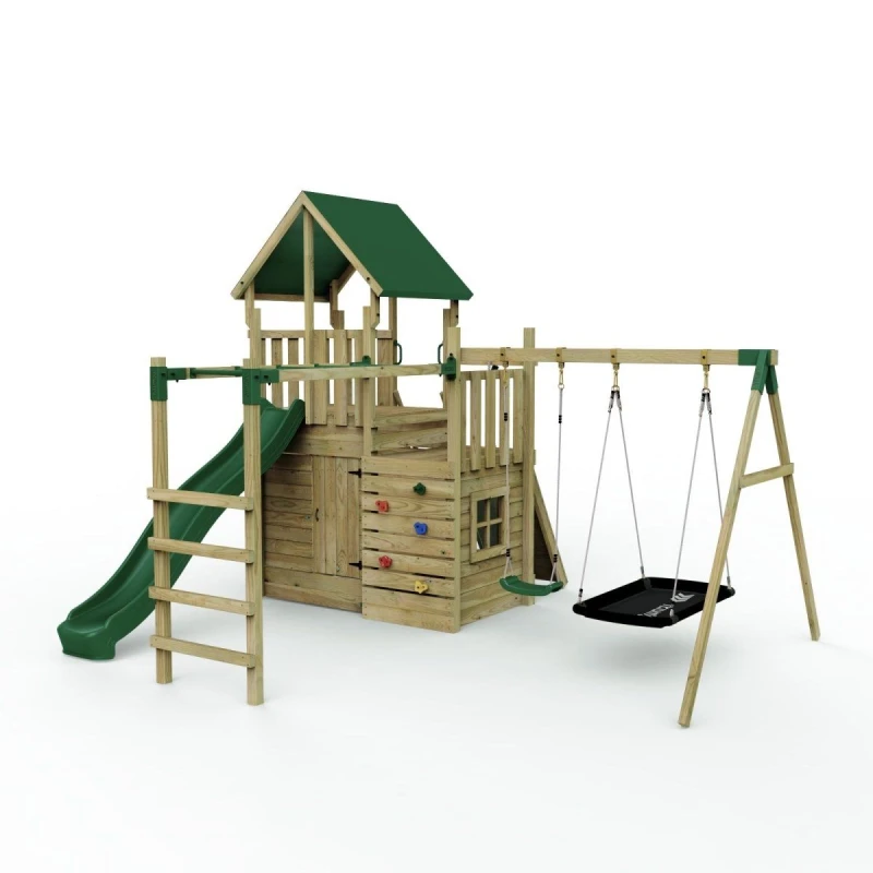 Image of Rebo Wooden Climbing Frame Play Tower and Slide - M10 Double Swing Brown