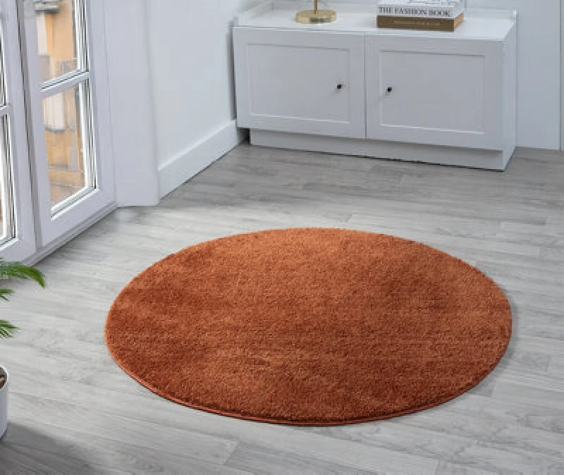 Image of Comfy Washable Low Pile Living Room Area Rug - Anti Slip Felt Backing Terracotta 100Cm Diameter