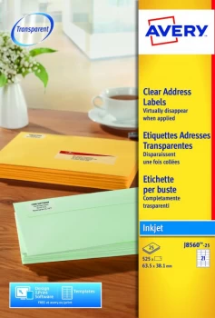 Image of Avery Clear Addressing Labels 21 per Sheet 63.5x38.1mm 525 Labels