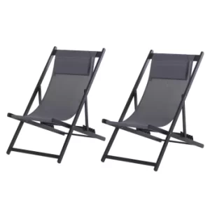Image of Outsunny Set of 2 Folding Garden Beach Deck Chairs Deckchairs Seaside Folding Garden Patio Lounger, Grey