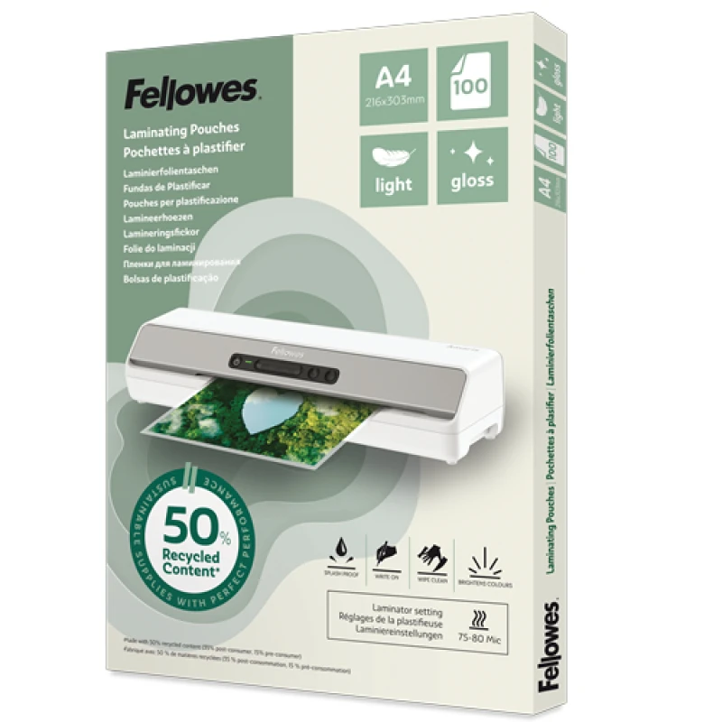 Image of Fellowes Fellowes Recycled Laminating Pouches 80 Micron A4 Gloss (Pack of 100) 100142987 100142987