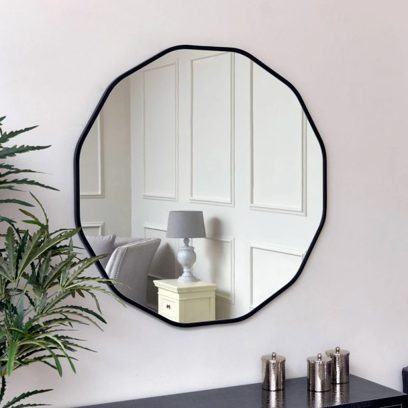 Image of Melody Maison Large Round Black Scalloped Wall Mirror 90cm X 90cm Black