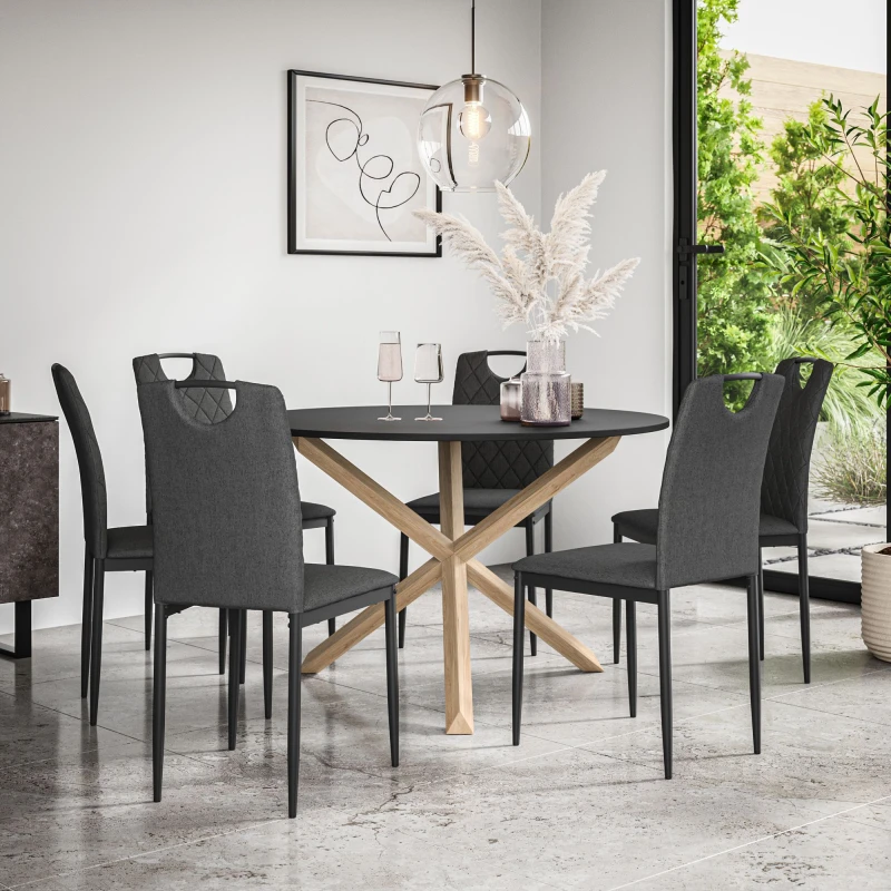 Image of More4Homes Malvern Round Dining Table And Chairs - Black Table Top W Solid Oak Legs + Monza Fabric Dining Chair Set Of 6 (Charcoal)