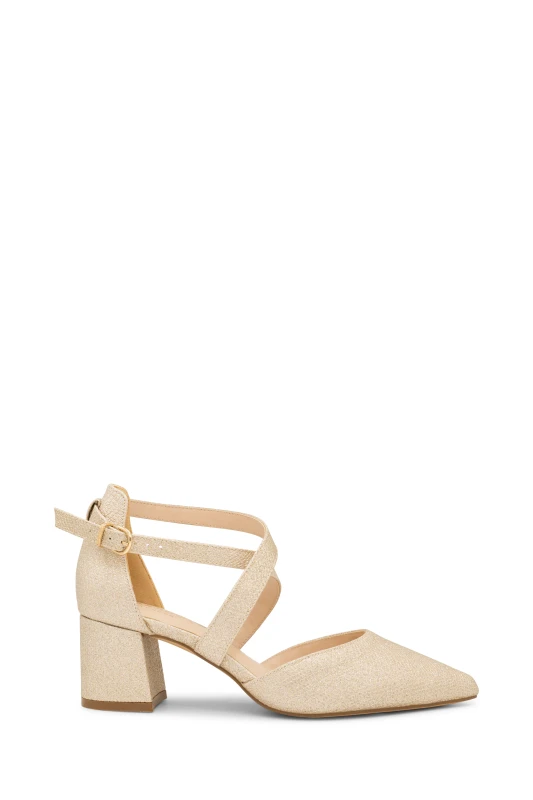 Image of Paradox London Shimmer 'Farrah' Wide Fit Mid Block Heel Cross Strap Court Shoe Gold