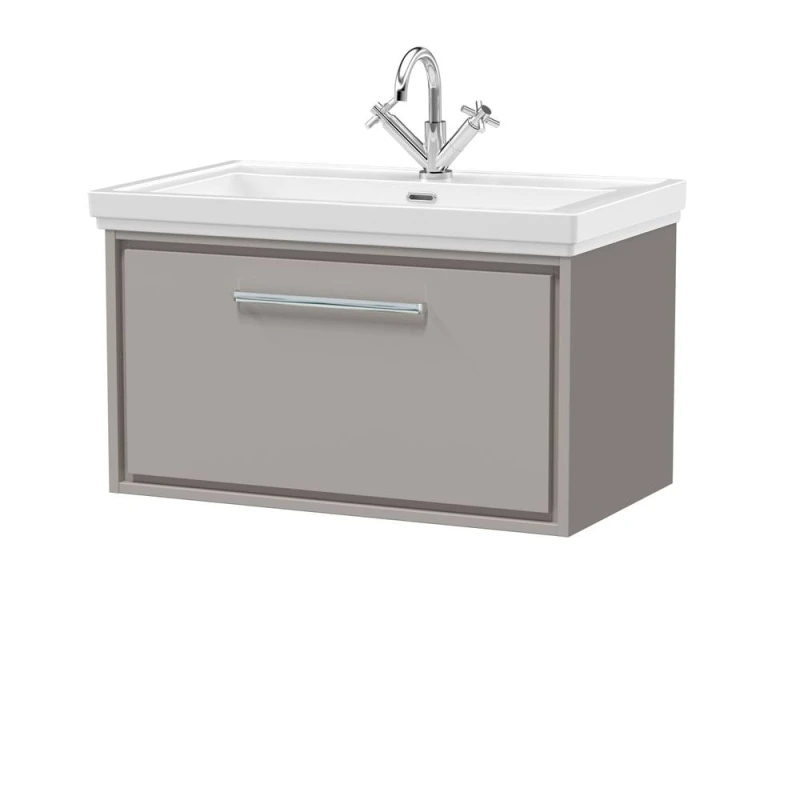 Image of BALTERLEY Balterley Modern Bathroom Wall Hung Single Drawer Vanity Unit with Fireclay Basin, Pebble Grey, 800mm BFLL3225A