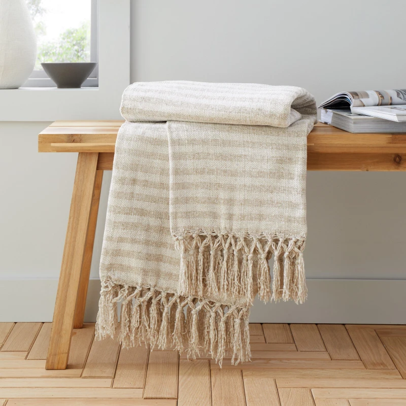 Image of Catherine Lansfield 'Stripe Chenille' Blanket Throw Natural
