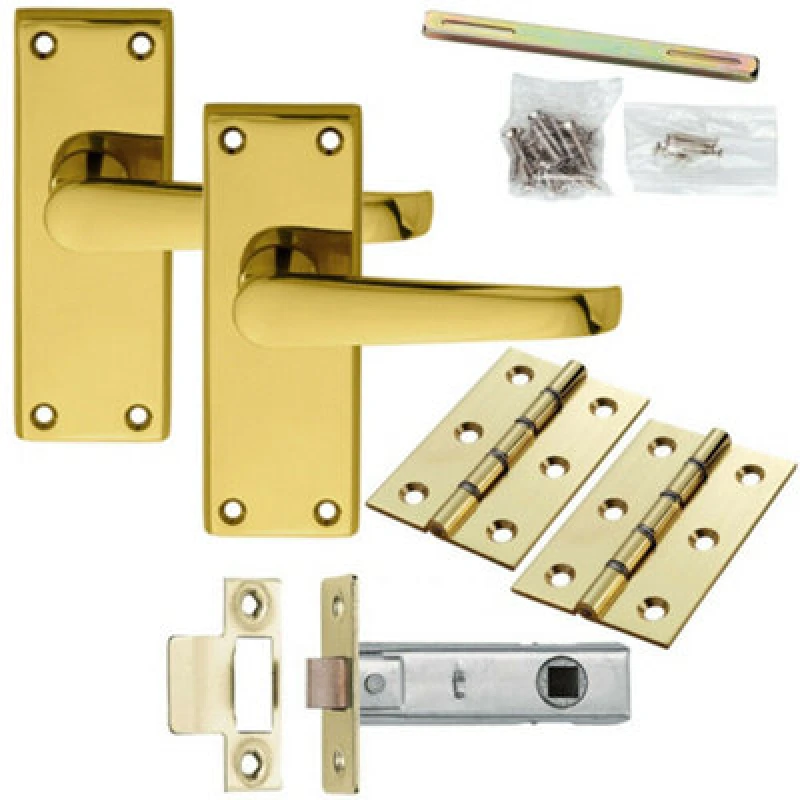 Image of Loops Door Handle & Latch Pack Brass Victorian Straight Lever Square Backplate Metallics