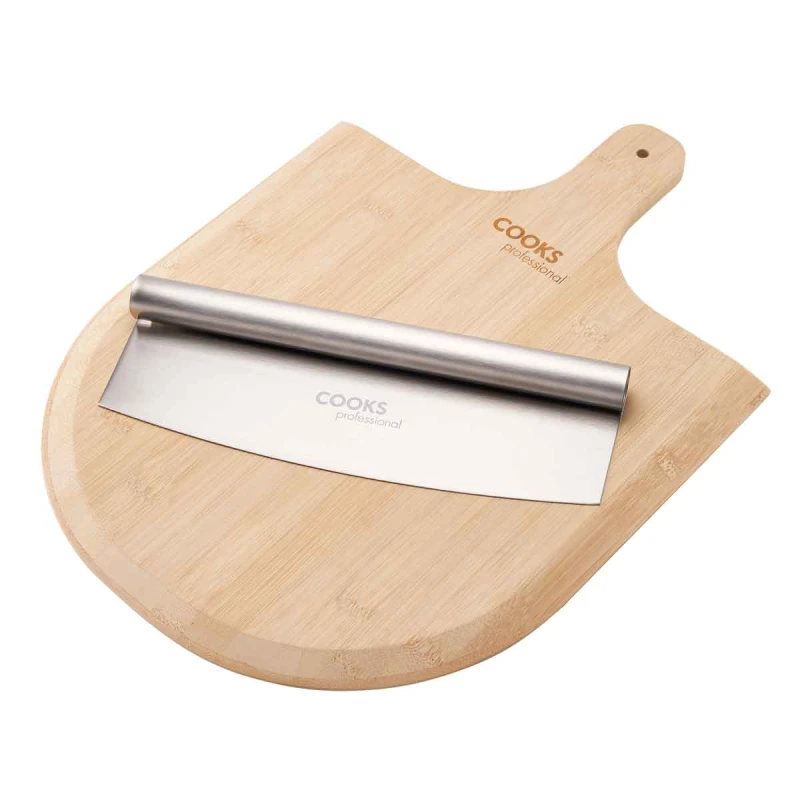 Image of Cooks Professional Pizza Rocker Cutter Knife Stainless Steel with Bamboo Pizza Wood Board 35 x 33cm Brown unisex