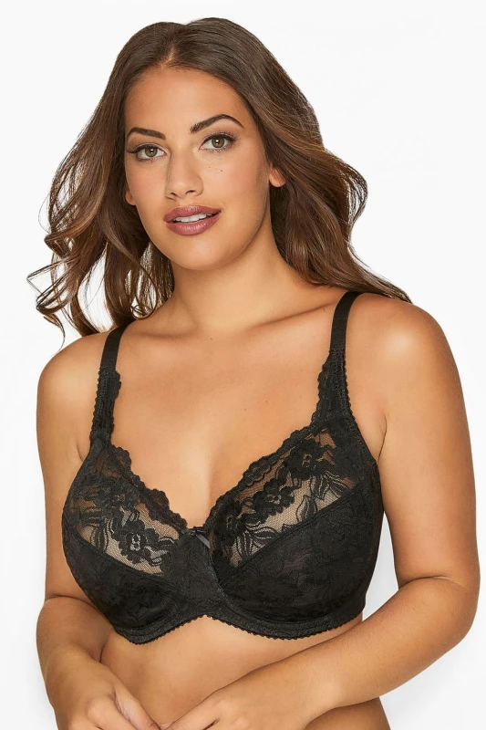 Image of Yours Womens Stretch Lace Non-Padded Underwired Bra in Black Size: 44F Black Female 44F