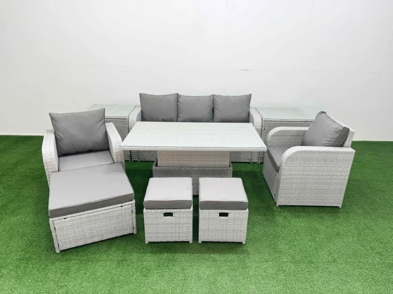 Image of Fimous PE Rattan Garden Furniture Set Reclining Chair Sofa Lounge Sofa Set Adjustable Lifting Dining or Coffee Table 2 Side Table 3 Stools Light Grey