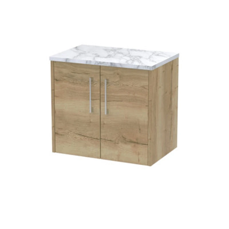 Image of Nuie Hudson Reed Juno Wall Hung 2-Door Vanity & Carrera Marble Laminate Worktop, Stylish Countertop Basin Unit In Autumn Oak, 600mm