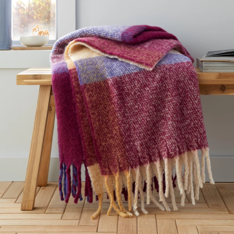 Image of Catherine Lansfield Faux Mohair Check 130cm x 170cm Throw Plum