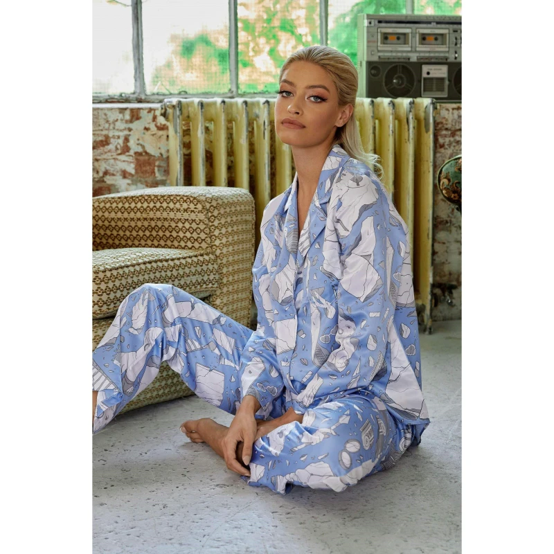 Image of Playful Promises Logan Spector Statues Drop Hem Long Sleeve Pj Top Blue female 8