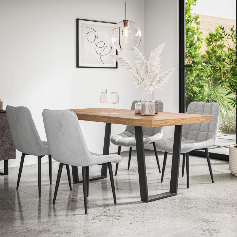 Image of More4Homes Aria Dining Table And Chairs - Oak Effect Table Top W Black Legs + Nova Velvet Dining Chair Set Of 4 (Grey)