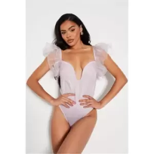 Image of I Saw It First Lilac Marble Print Mesh Frill Sleeve Bodysuit - Purple