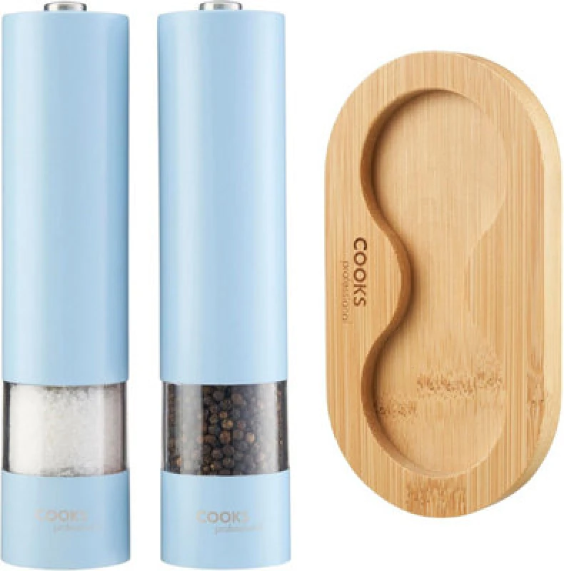Image of Cooks Professional Electric Salt And Pepper Mill Set With Bamboo Stand - Automatic Seasoning Condiment Grinders - Blue