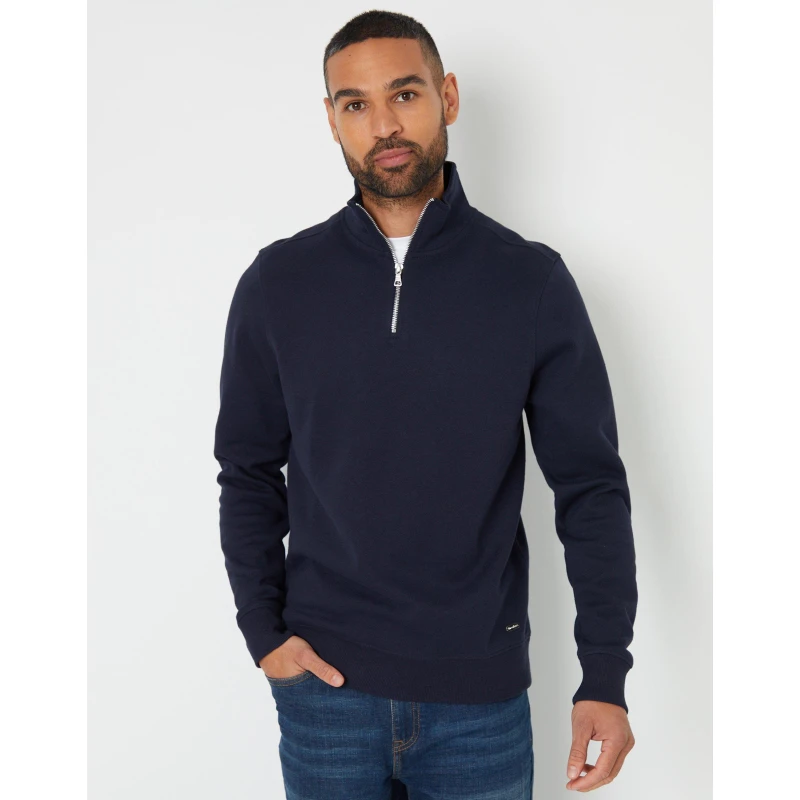 Image of Threadbare Pique Quarter Zip Funnel Neck Sweatshirt Navy