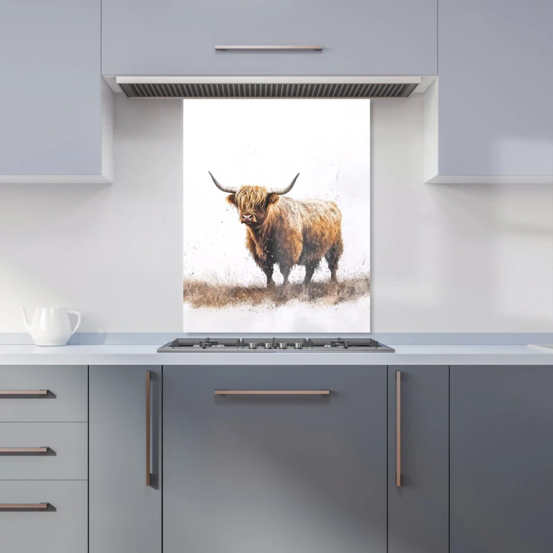 Image of Warren Reed - Designer Highland Cow Watercolour Kitchen Splashback in Brown Size: 600mm x 750mm Brown Unisex 600mm x 750mm