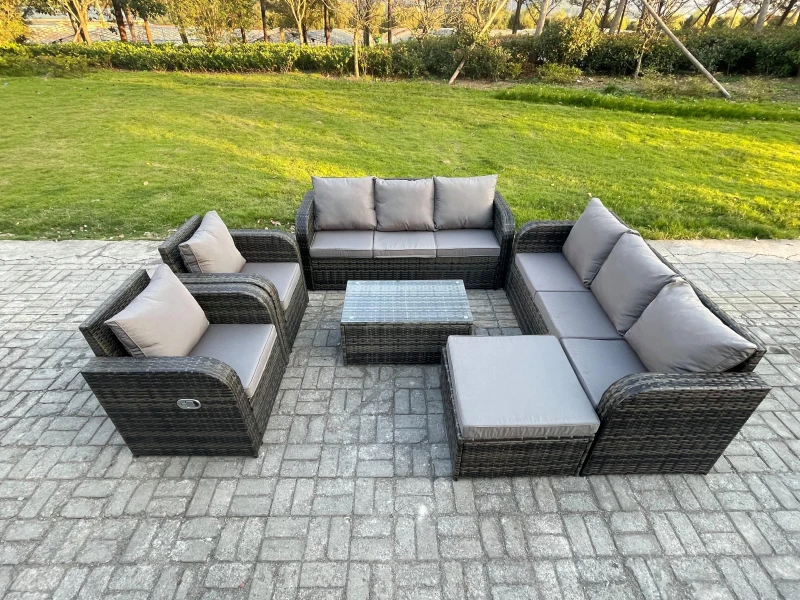 Image of Fimous Rattan Outdoor Garden Furniture Sofa Set Patio Table & Chairs Set with 3 Seater Sofa Reclining Chair Big Footstool Dark Grey Mixed Dark Grey