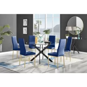 Image of Furniturebox UK - Furniturebox Novara Black Leg 120cm Round Glass Dining Table & 6 Navy Milan Velvet Dining Chairs With Gold Legs Diamond Stitch
