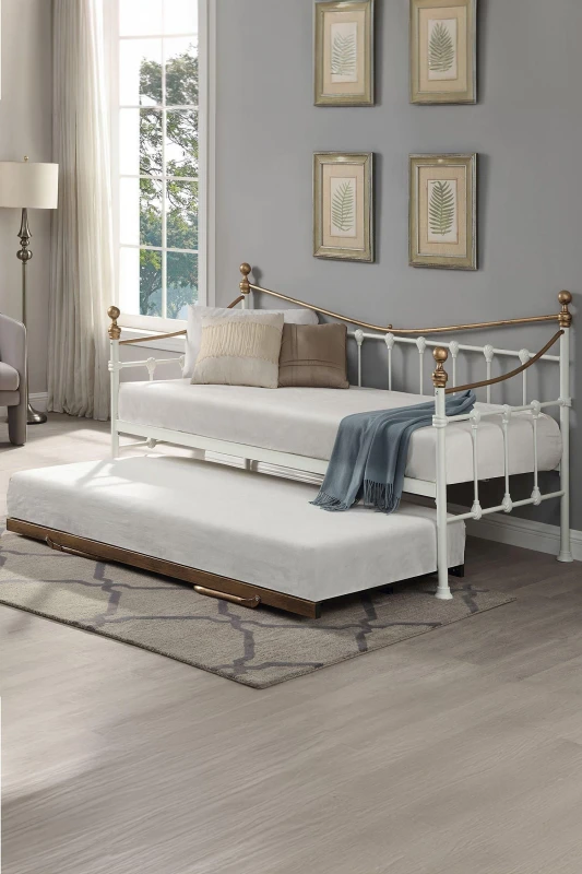 Image of SlumberWorx Newnham Classic Victorian Style Living Room Bedroom Metal Day Bed Frame w Trundle White