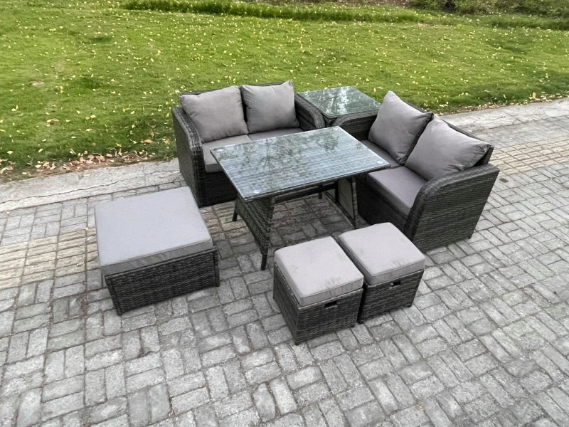 Image of Fimous Outdoor Garden Furniture Sets 7 Pieces Rattan Furniture Manual Wicker Patio Sofa Patio Conversation Set with 3 Footstools Side Table Dark Grey