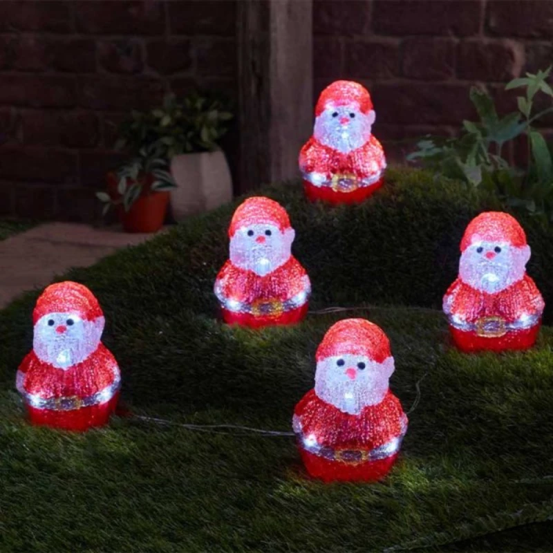 Image of 14cm Set of 5 Battery Operated Light up Christmas Santa Ornaments with 40 Cool White LEDs