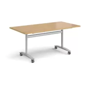 Image of Rectangular deluxe fliptop meeting table with silver frame 1600mm x 800mm - oak