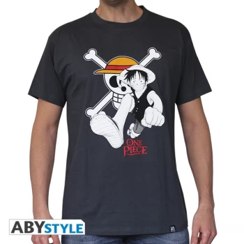 Image of One Piece - Luffy & Emblem Mens Medium T-Shirt - Grey