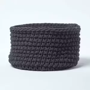 Image of Homescapes - Black Cotton Knitted Round Storage Basket, 37 x 21cm - Black