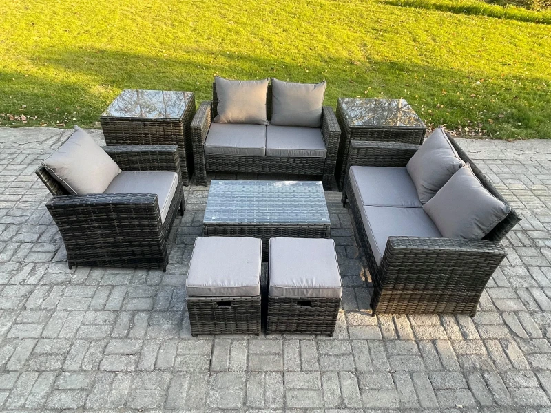 Image of Fimous Rattan Garden Furniture Set 7 Seater Patio Outdoor Lounge Sofa Chair Set with Rectangular Coffee Table 2 Small Footstools 2 Side Tables Dark Gr