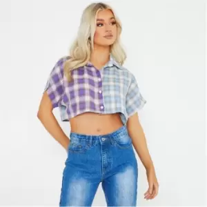 Image of I Saw It First Petite Checked Split Cropped Shirt - Purple
