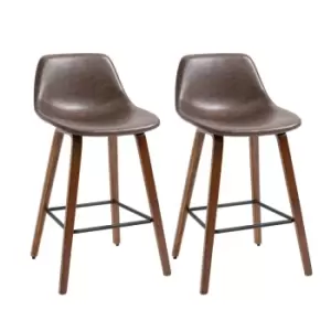 Image of Homcom Counter Height Bar Stools Set Of 2 Mid Back PU Faux Leather With Wood Legs Brown
